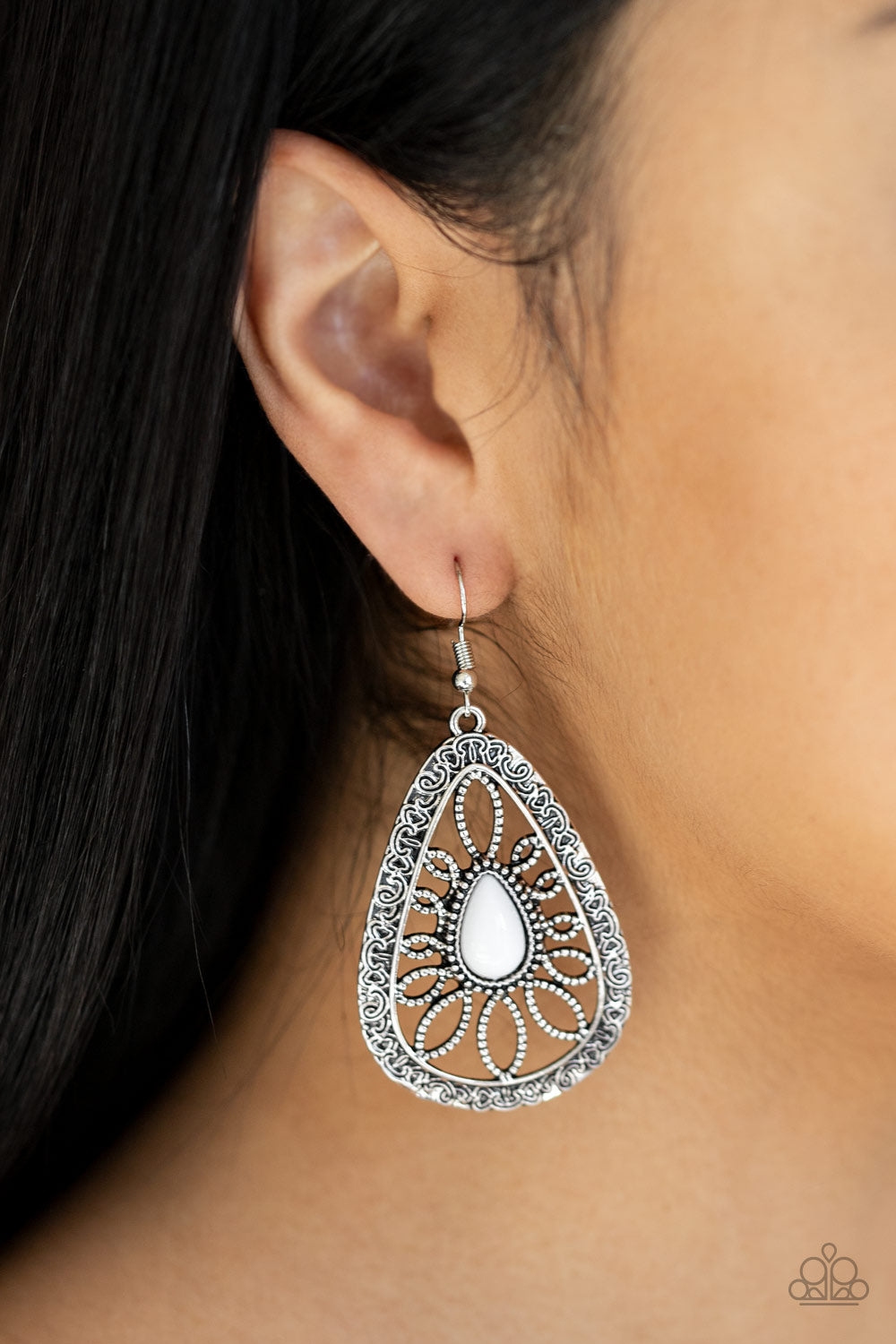 Paparazzi ~ Floral Frill - White Earrings